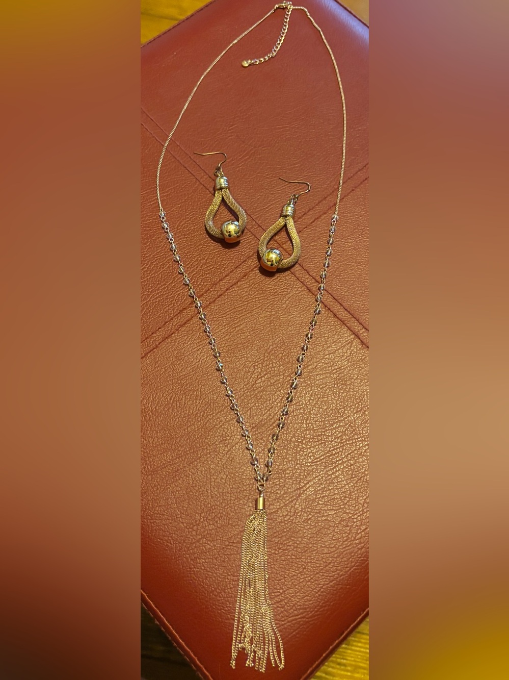 ✨Rose Gold Tone Mesh Drop Earrings and Tassel Chain Necklace